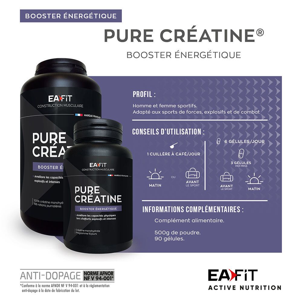 Deux flacons EA Fit Pure Créatine. Informations d'utilisation et profil. Certification anti-dopage.