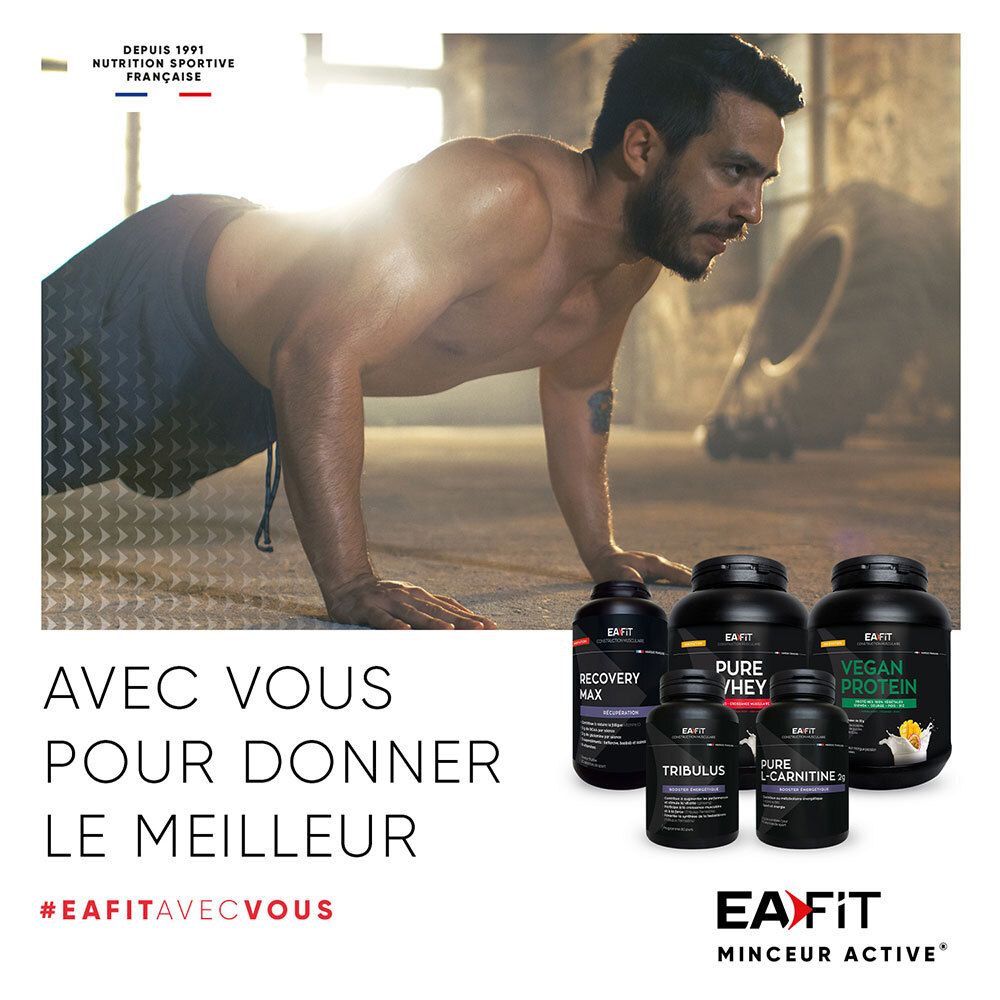 Homme s'entraînant. Plusieurs produits EA Fit. Texte: Avec vous pour donner le meilleur. #EAfitavecvous.