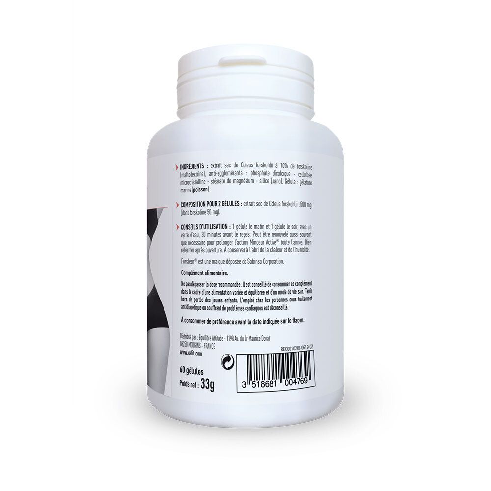 Rückseite der weißen Flasche. Text: Inhaltsstoffe, Gebrauchsanweisung, 60 Kapseln, 33g. Barcode.