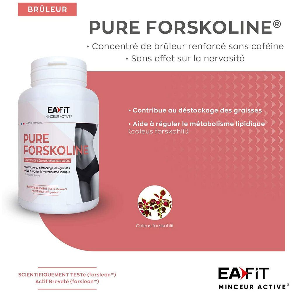 Produkt mit weißer Flasche. Aufschrift: Pure Forskolin. Text: Konzentrat, ohne Koffein. Abbildung einer Pflanze.