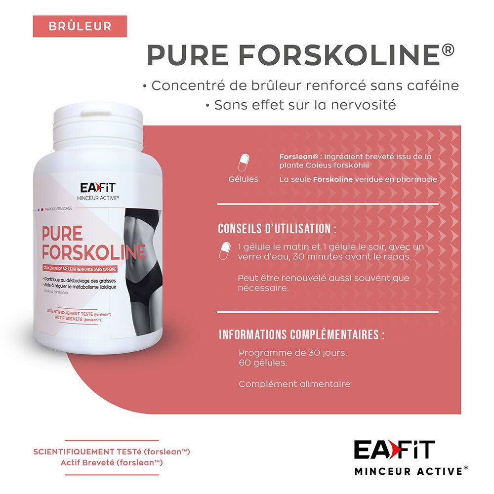 Produkt mit weißer Flasche. Aufschrift: Pure Forskolin. Text: Konzentrat, ohne Koffein. Text: Gebrauchsanweisung.