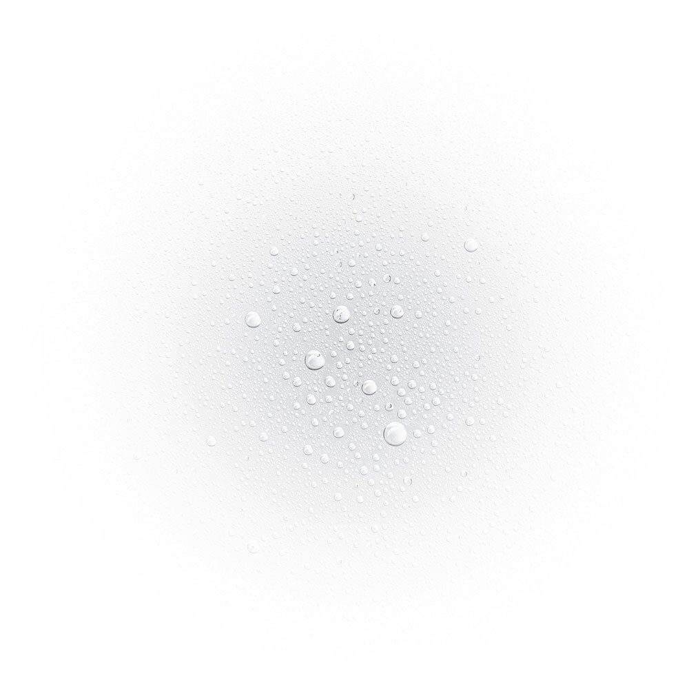 Gouttes d'eau sur fond blanc. Certaines gouttes sont plus grosses que d'autres.