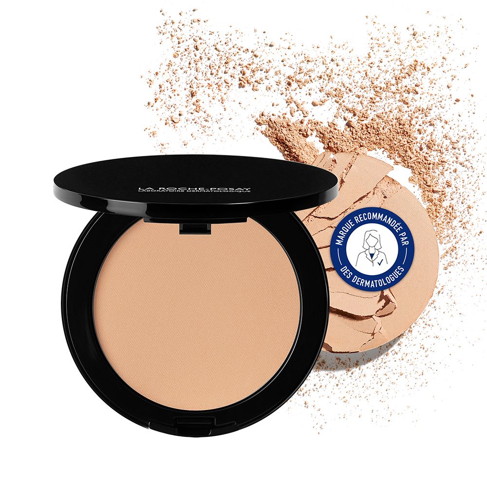 Kompakt-Foundation, Sandbeige, in schwarzem Behälter mit Deckel. Auf dem Deckel steht La Roche-Posay. Zertifizierung.