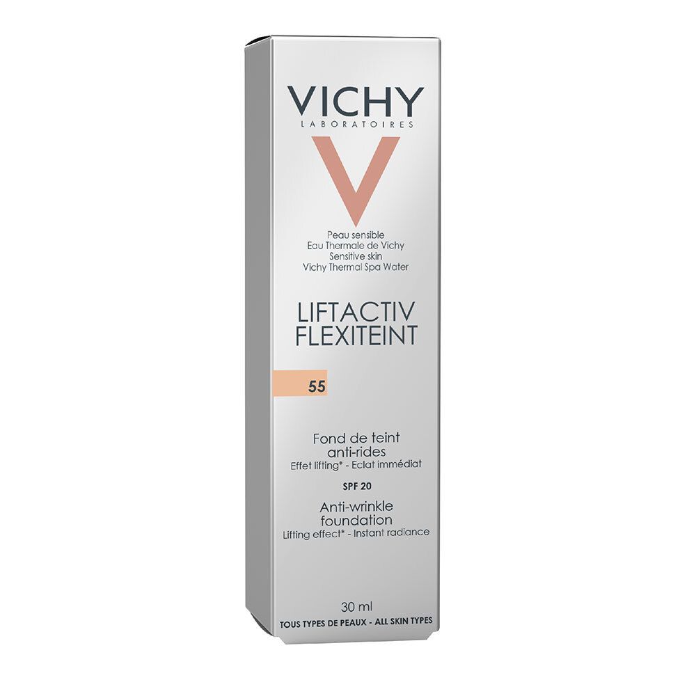 Boîte de fond de teint Vichy LiftActiv Flexiteint n° 55. Inscription: Anti-rides foundation, SPF 20.