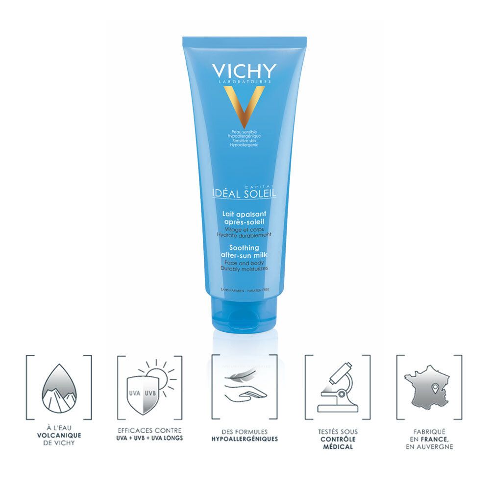 Tube bleu avec logo VICHY et texte. En dessous, symboles: eau, UVA/UVB, hypoallergénique, contrôle médical, origine.