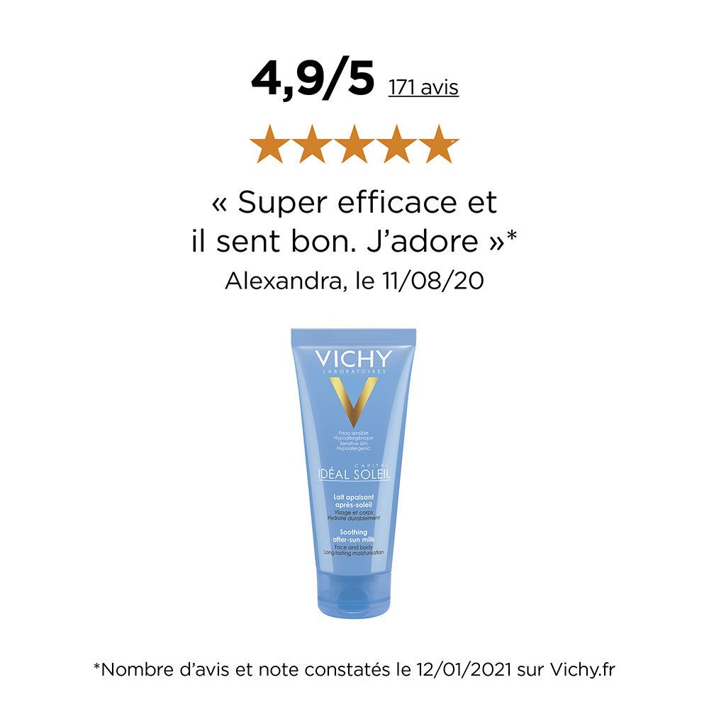 Produit avec avis. Tube bleu avec logo VICHY. Texte: Super efficace et il sent bon. J'adore.