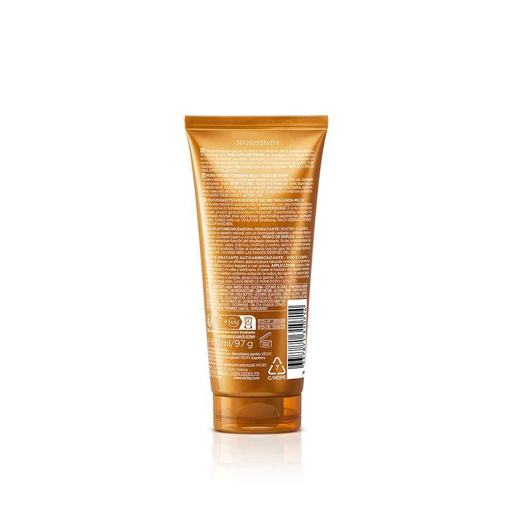 Dos du tube de lait autobronzant Vichy Capital Soleil. Texte et logos sur fond orange.