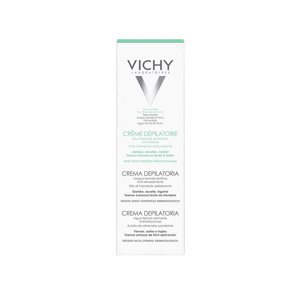 Vichy Crème Dépilatoire. Emballage blanc avec accents verts. Logo et nom du produit.