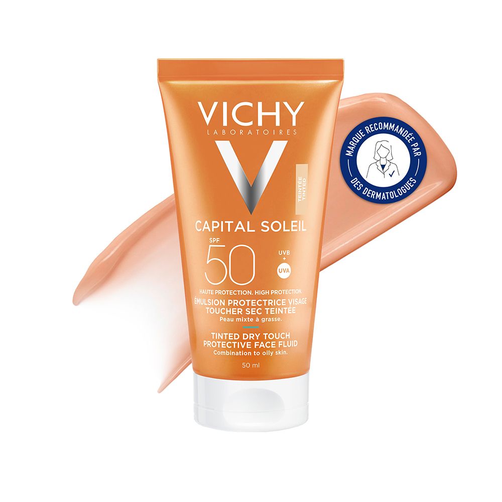 Vichy Capital Soleil SPF 50 getönte Sonnencreme. Tube mit Produkt und Farbklecks. Dermatologisch getestet.