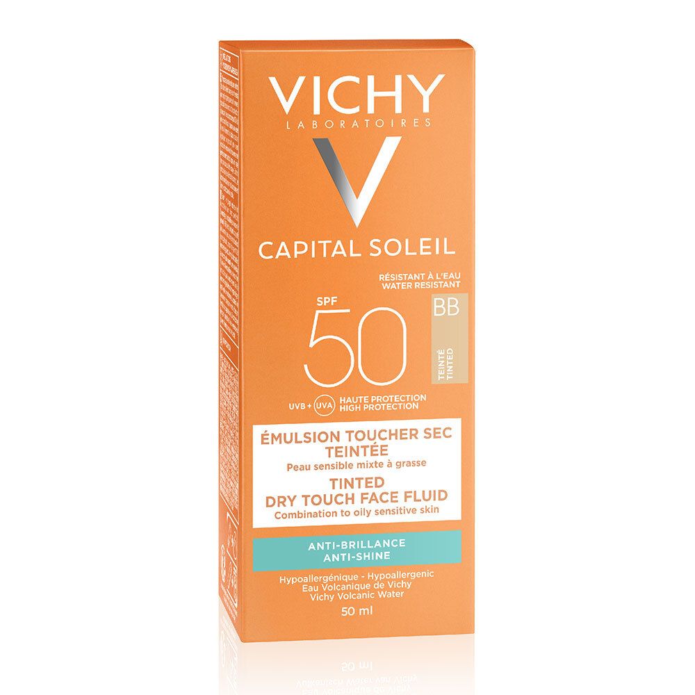 Vichy Capital Soleil SPF 50 getönte Sonnencreme. Verpackung. Wasserfest. Für Mischhaut bis fettige Haut.