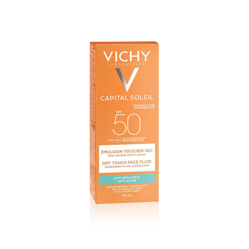Emballage Vichy Capital Soleil SPF 50, orange. Inscription: Dry Touch, Anti-brillance. Informations produit.