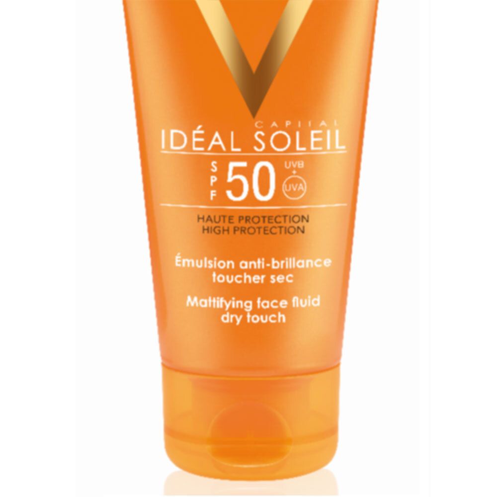 Tube Vichy Ideal Soleil SPF 50, orange. Inscription: Ideal Soleil, SPF 50, Dry Touch. Informations produit.