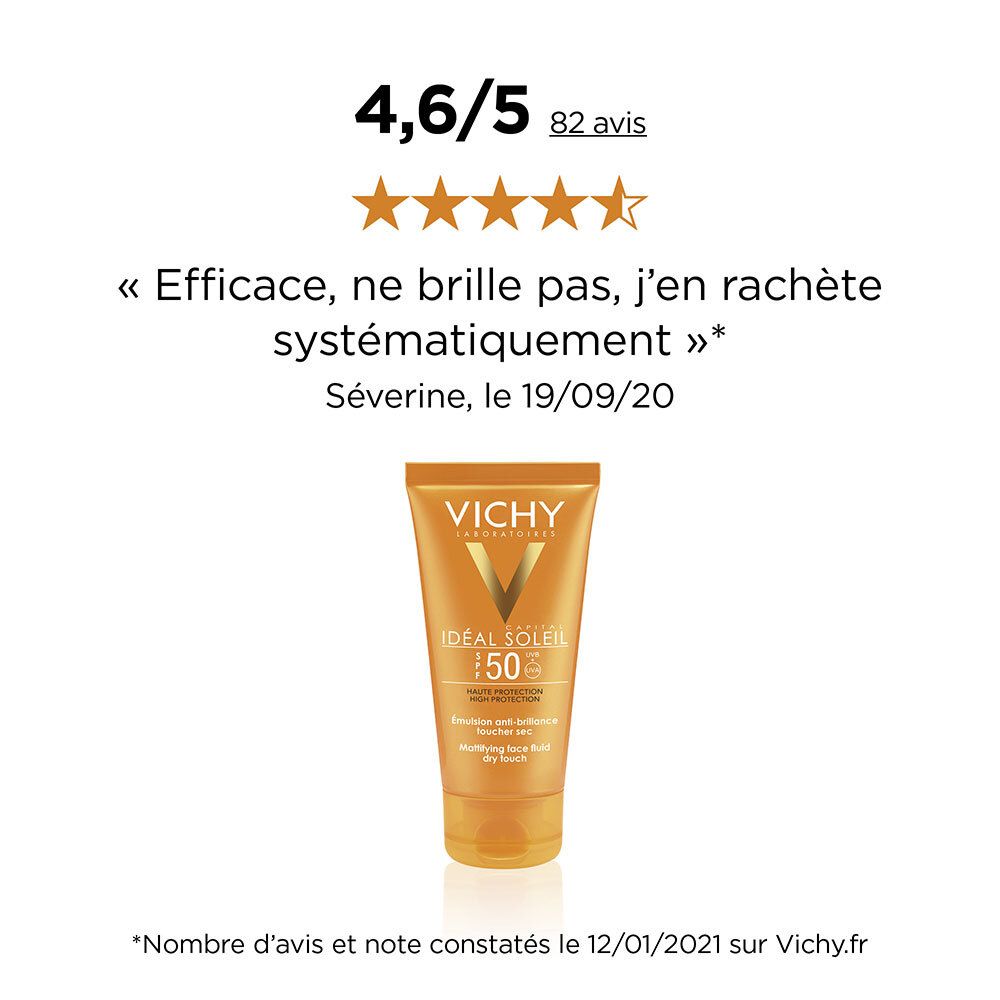 Évaluation Vichy Ideal Soleil SPF 50. 4,6/5 étoiles. Citation: Efficace, ne brille pas.