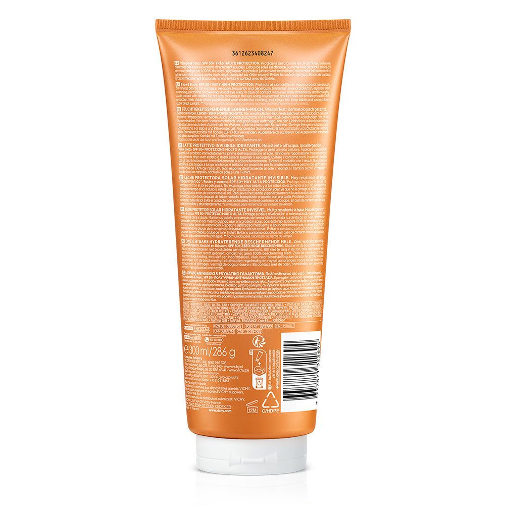 Dos d'un tube orange. Texte multilingue. Code-barres et symboles de recyclage. Poids: 200ml/286g.