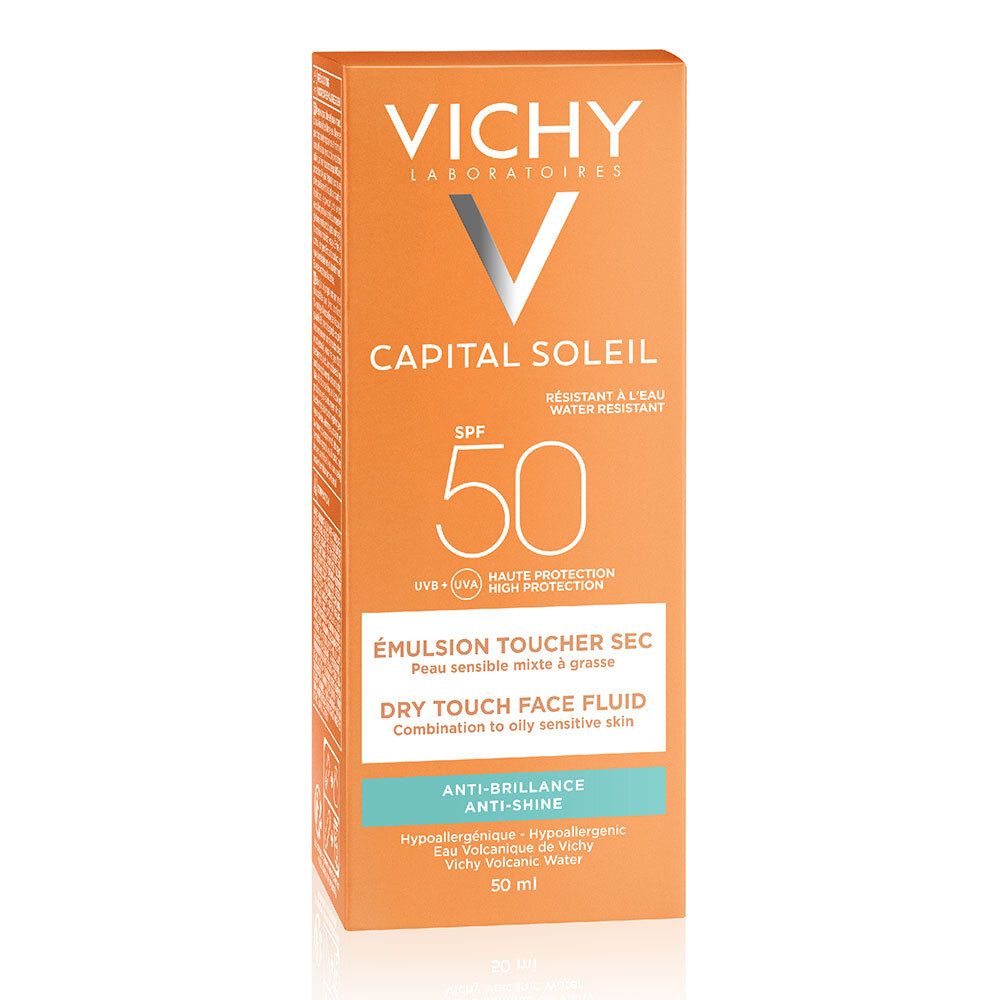 Boîte. Inscription: Vichy, Capital Soleil, SPF 50+, Émulsion Toucher Sec, Dry Touch Face Fluid. Volume: 50 ml.