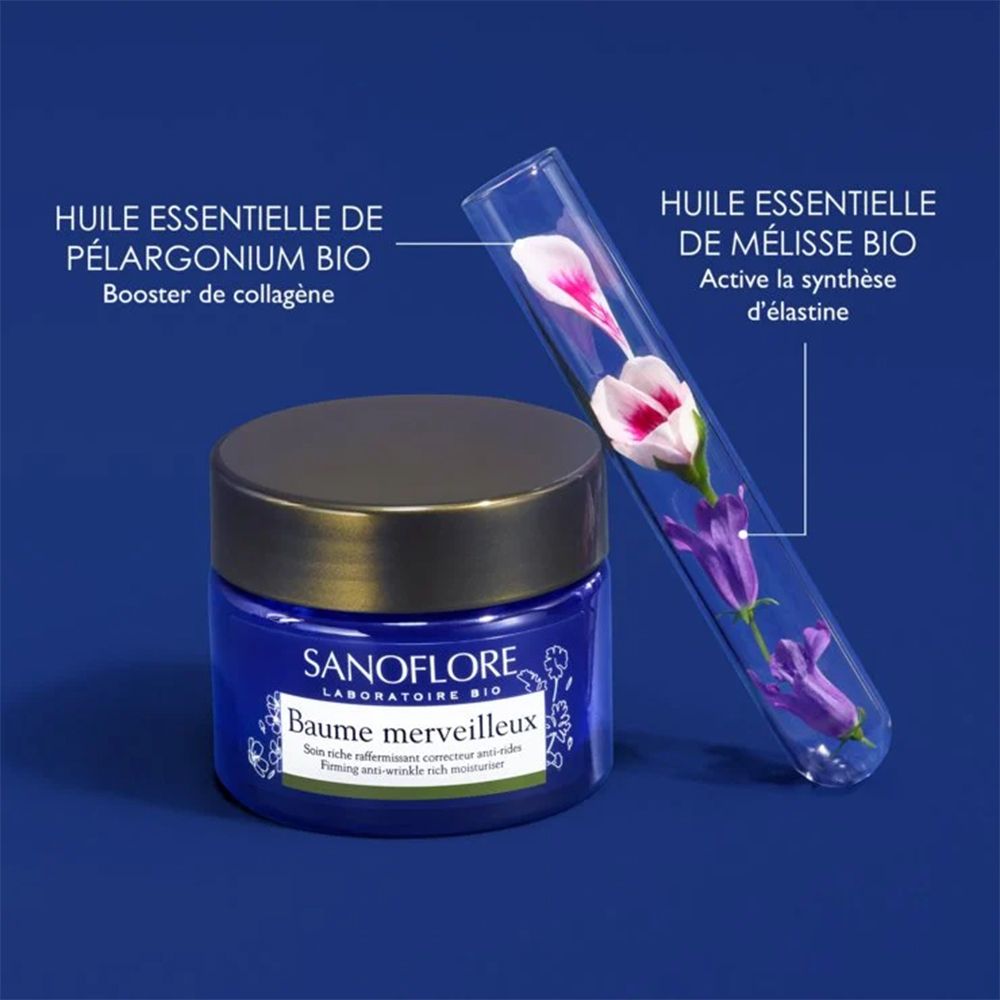 Pot bleu avec crème. Sanoflore Baume Merveilleux. Certification bio. Ingrédients: Pélargonium, Mélisse.