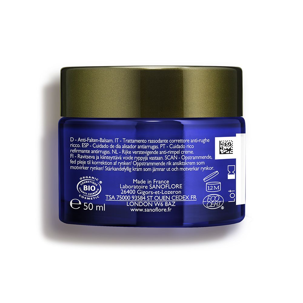 Pot de crème bleu. Sanoflore Baume Merveilleux. 50 ml. Certification bio. Fabriqué en France. Symbole 12M.