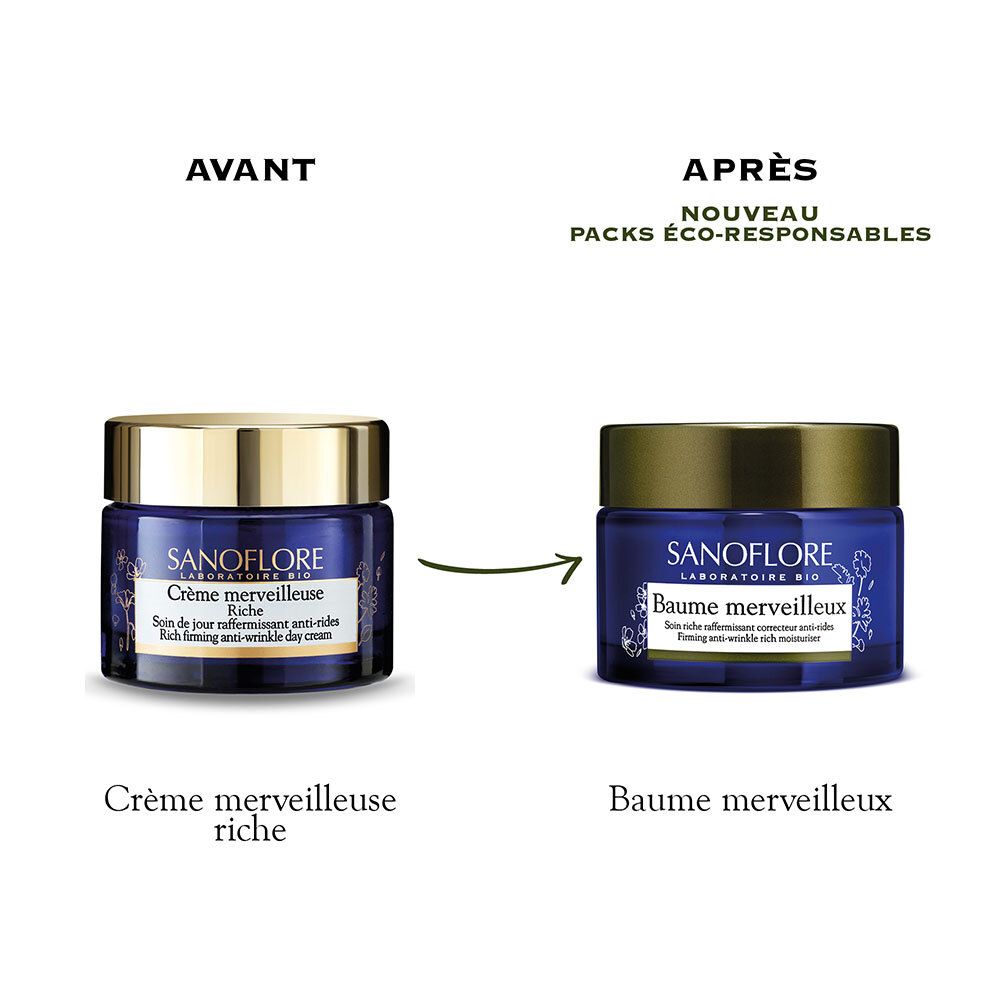 Avant: Sanoflore Crème merveilleuse. Après: Sanoflore Baume merveilleux. Nouveaux emballages éco-responsables.