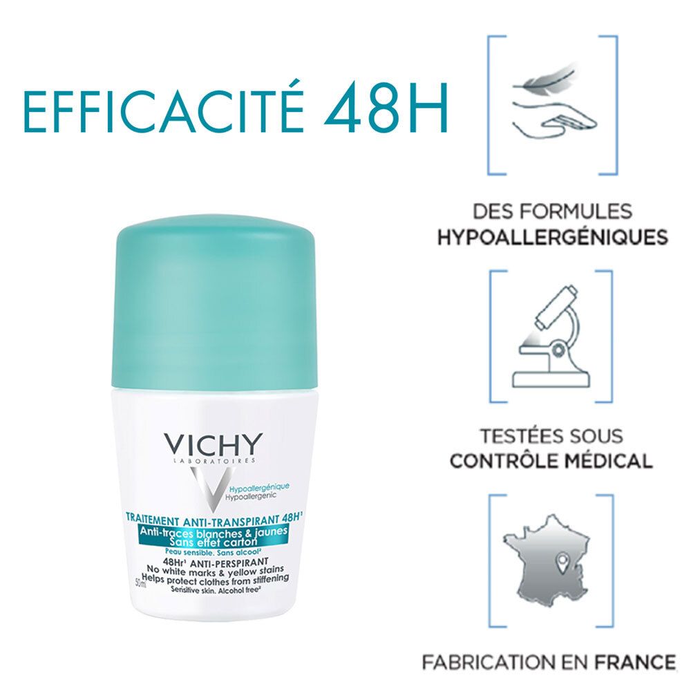 Roll-on-Deodorant mit Aufschrift 48H. Text: Hypoallergen, ohne weiße Flecken, ohne Alkohol. Hergestellt in Frankreich.
