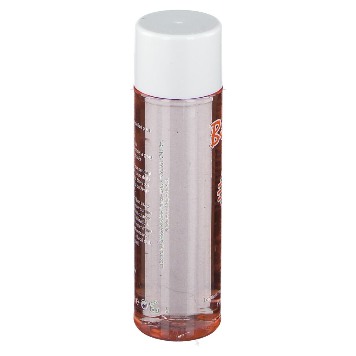 Bi-Oil Flasche. Zylindrische Form, transparente Flüssigkeit, weißer Deckel. Produktetikett teilweise sichtbar.