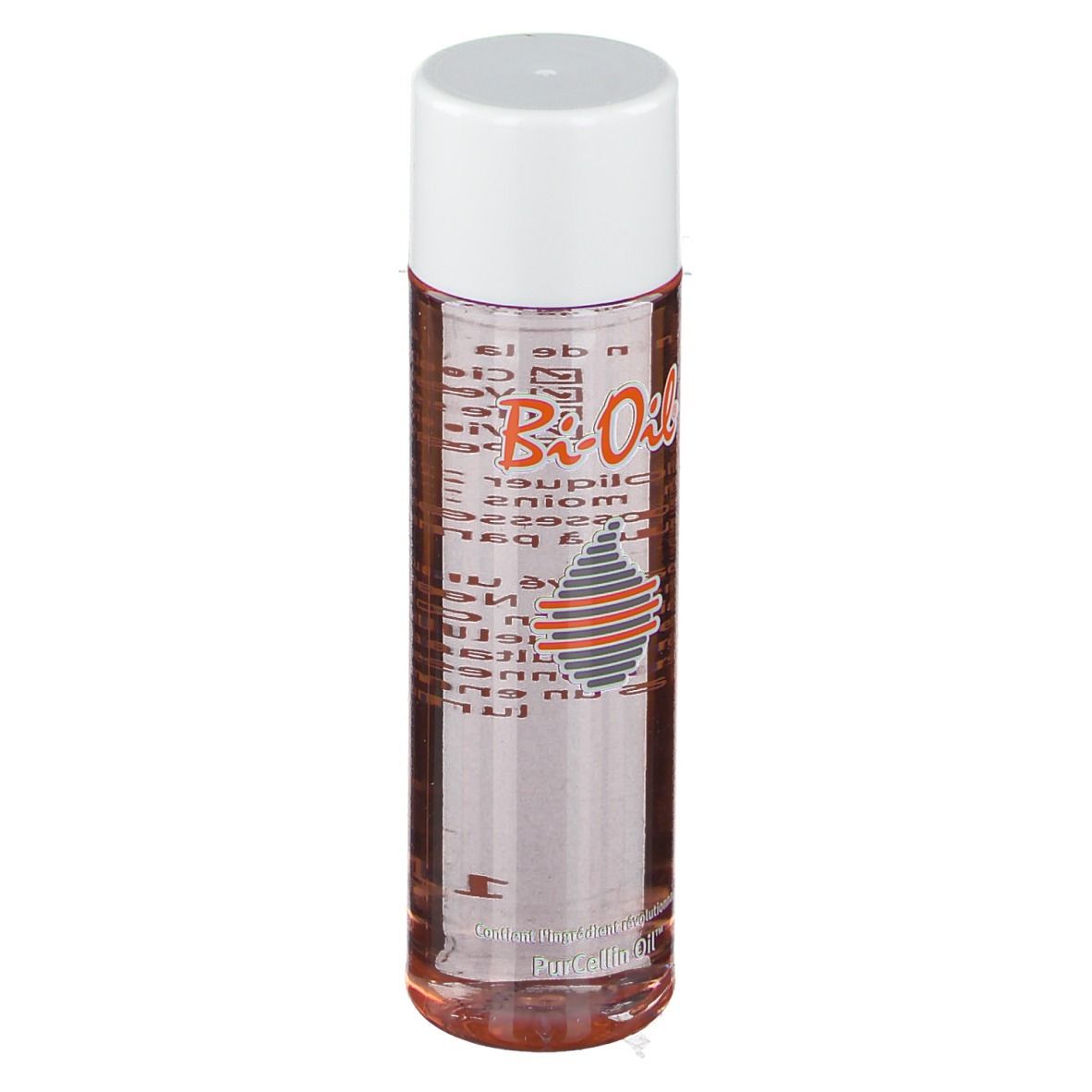 Bi-Oil Flasche. Zylindrische Form, transparente Flüssigkeit, weißer Deckel. Produktetikett sichtbar.