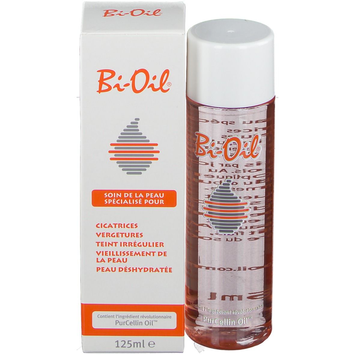 Bi-Oil Flasche und Verpackung. Flasche mit weißem Deckel, Verpackung mit Text und Logo.