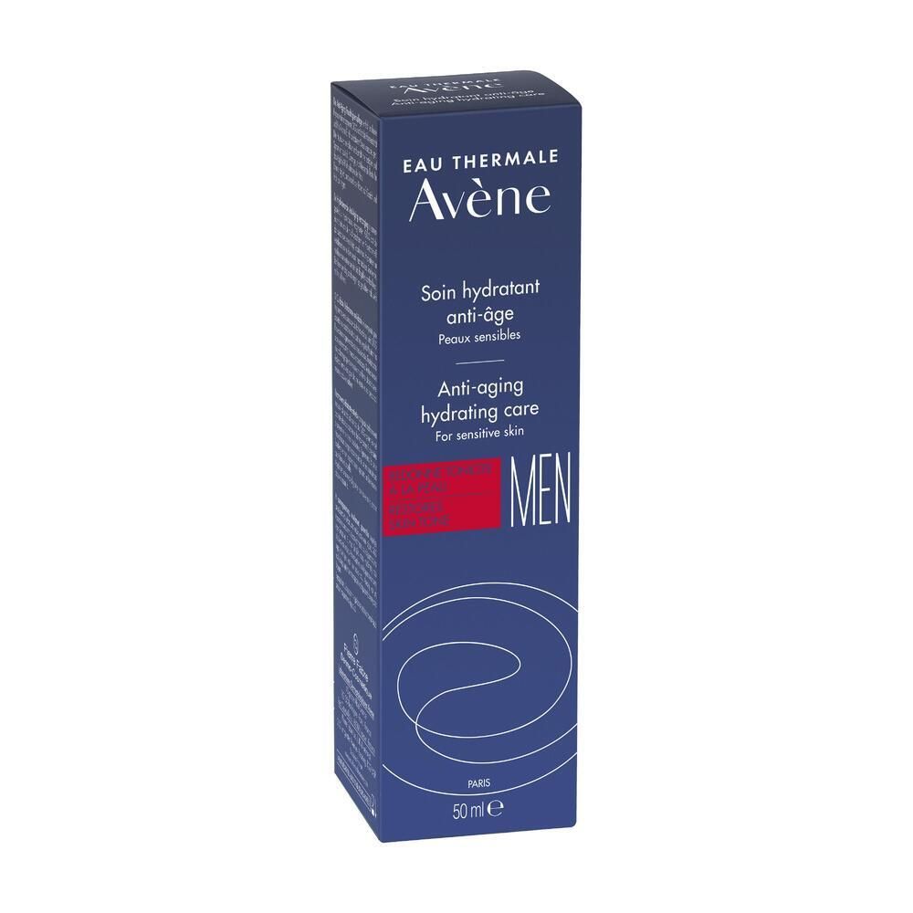 Blaue Verpackung mit "Eau Thermale Avène". Anti-Aging-Feuchtigkeitspflege für Männer. 50ml.