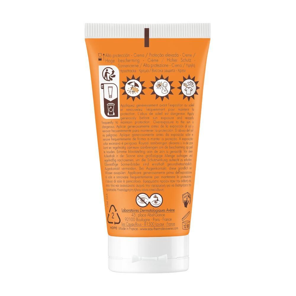 Rückseite der Sonnencreme-Tube. Informationen und Piktogramme. Marke Avene. 50 ml.
