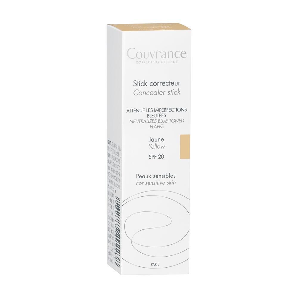 Kartonnen verpakking met gele concealerstick. Tekst: Couvrance, Stick correcteur, SPF 20.