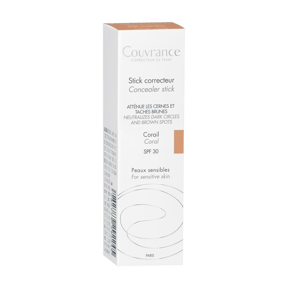 Verpackung des Concealer-Sticks. Weiß mit Text und Farbblock. Marke Couvrance.