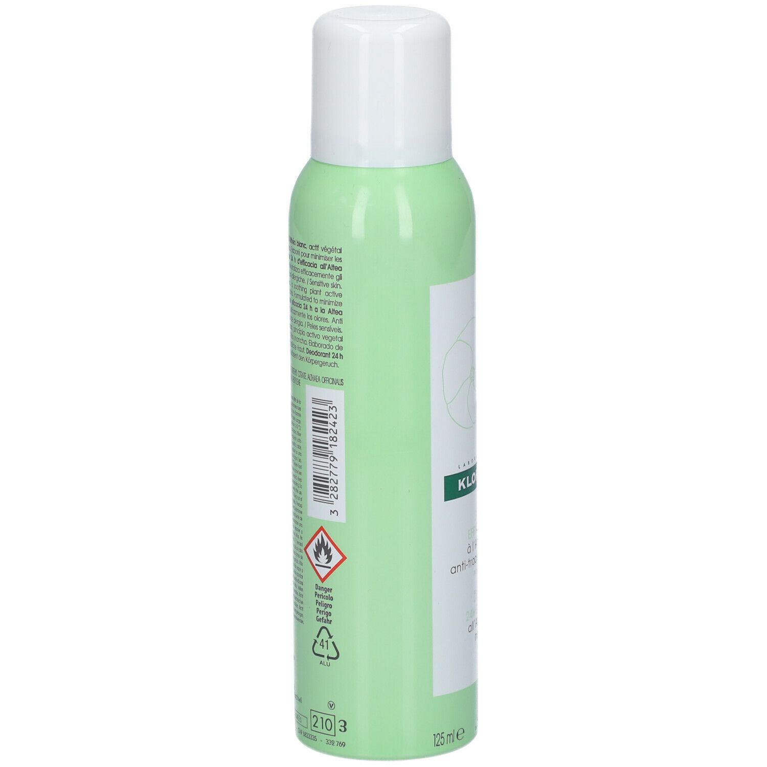 Dos du flacon de déodorant vert avec bouchon blanc. Texte et pictogrammes. Avertissement.