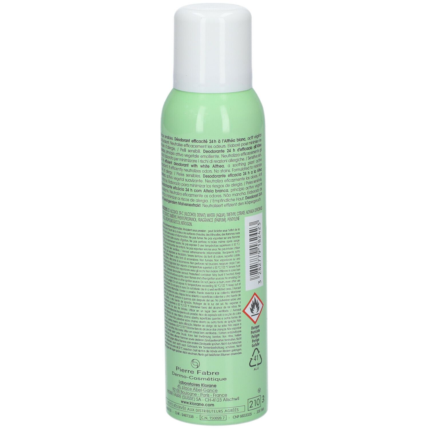 Dos du flacon de déodorant vert avec bouchon blanc. Texte et pictogrammes. Informations fabricant.