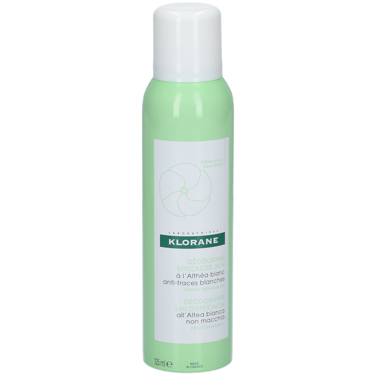 Flacon de déodorant vert avec bouchon blanc. Inscription: KLORANE, Déodorant à l'Althéa blanc anti-traces blanches.
