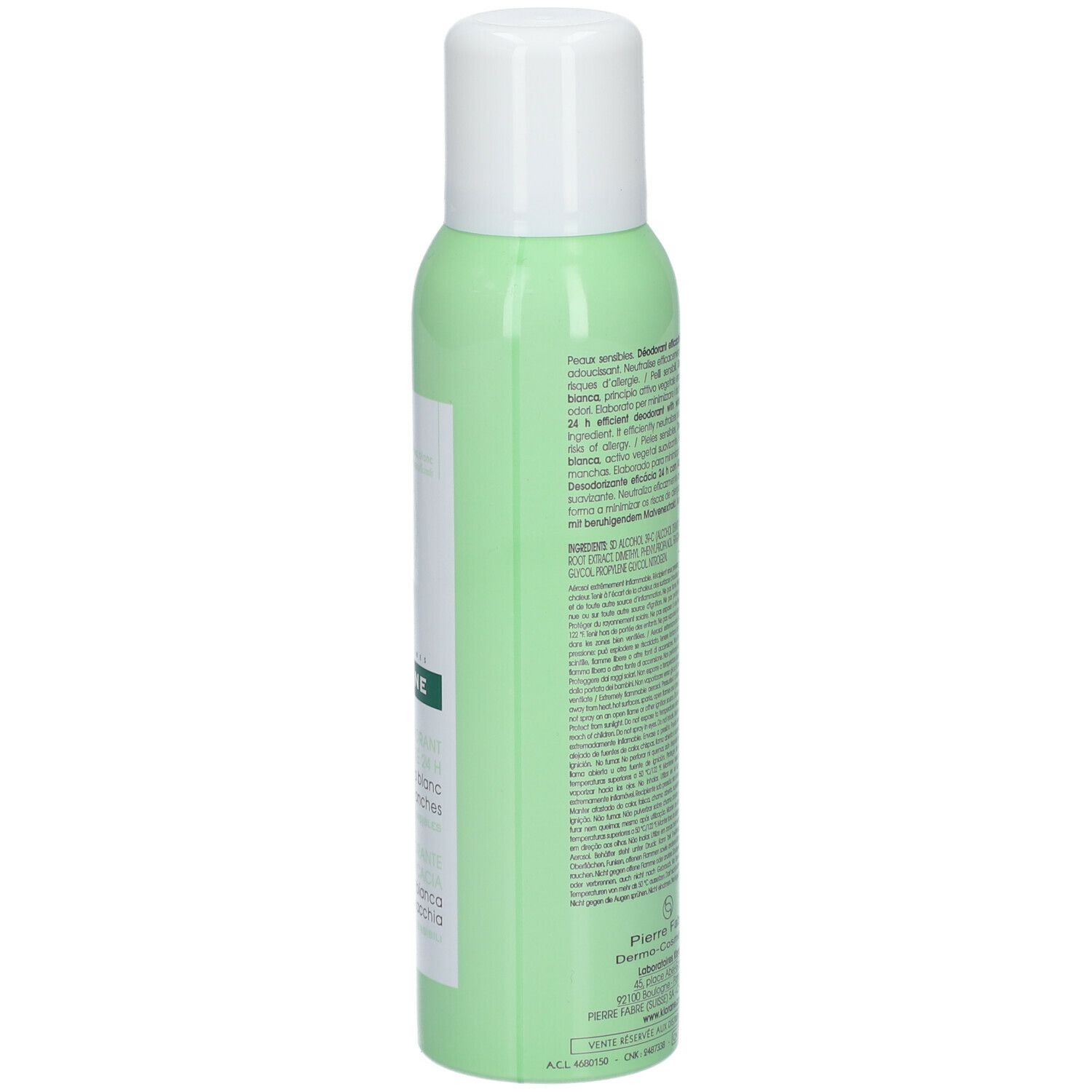 Dos du flacon de déodorant vert avec bouchon blanc. Texte et pictogrammes. Informations fabricant.