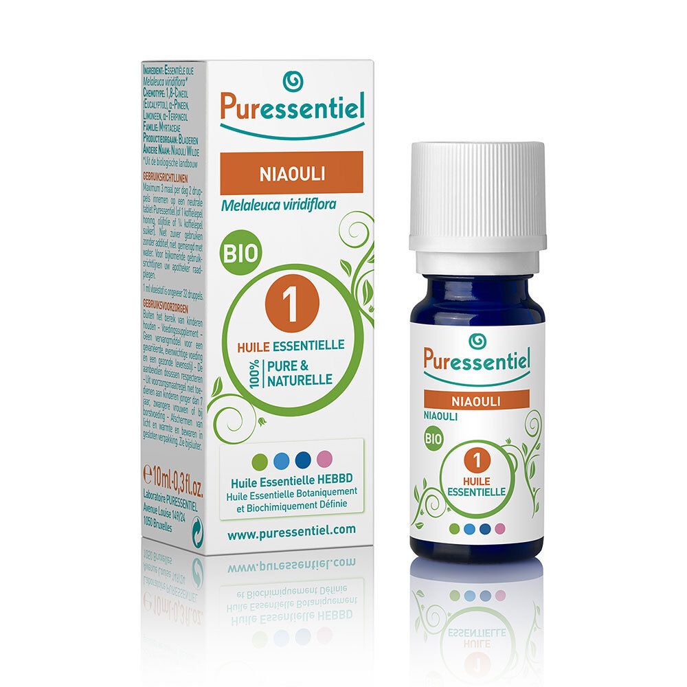 Flacon et boîte Puressentiel Niaouli BIO. Flacon bleu, bouchon blanc, étiquette orange et verte. Boîte avec mêmes couleurs et informations.