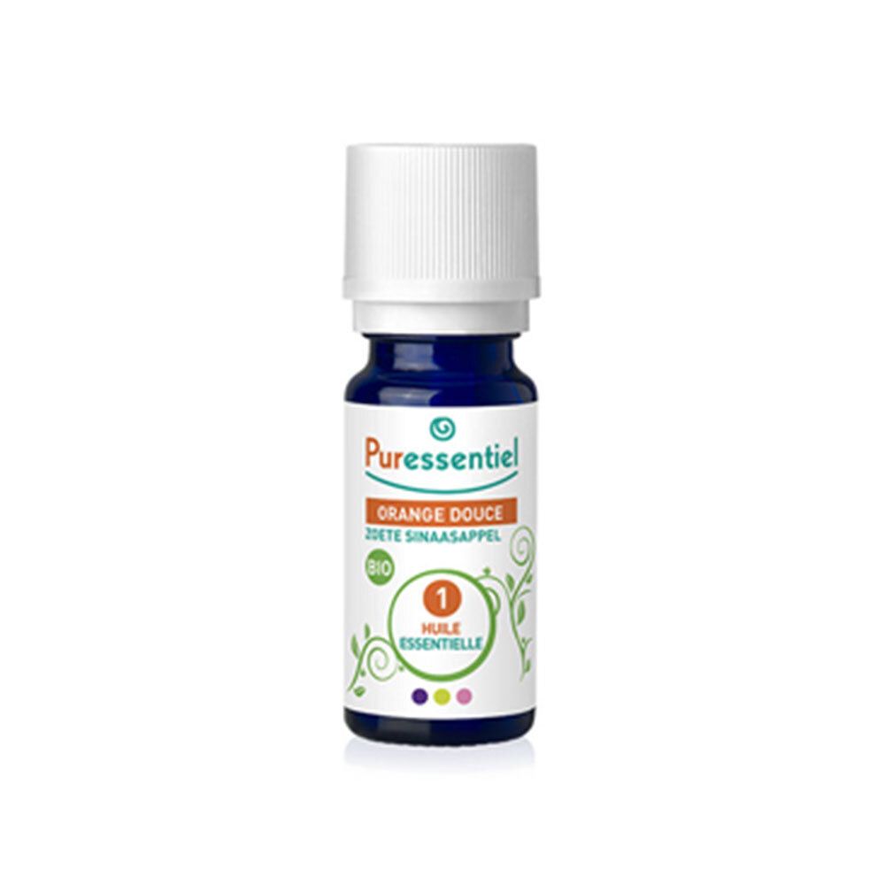 Flacon d'huile essentielle Orange Douce bio. Marque Puressentiel. Inscription: Orange Douce, Bio. Avec bouchon blanc.