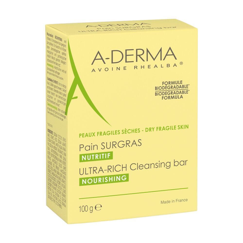 Boîte A-DERMA Surgras. Emballage jaune et vert avec texte.