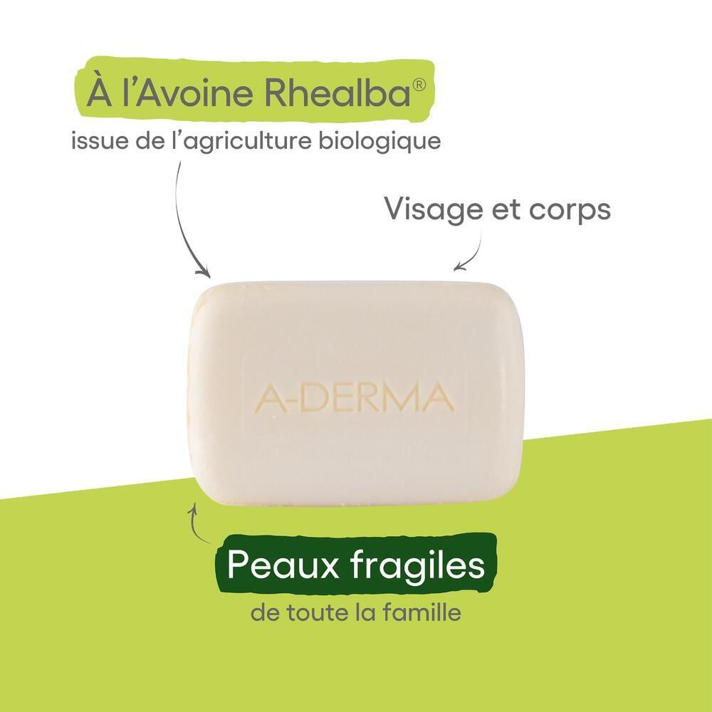 Savon et infographie. Savon A-DERMA, texte et flèches.