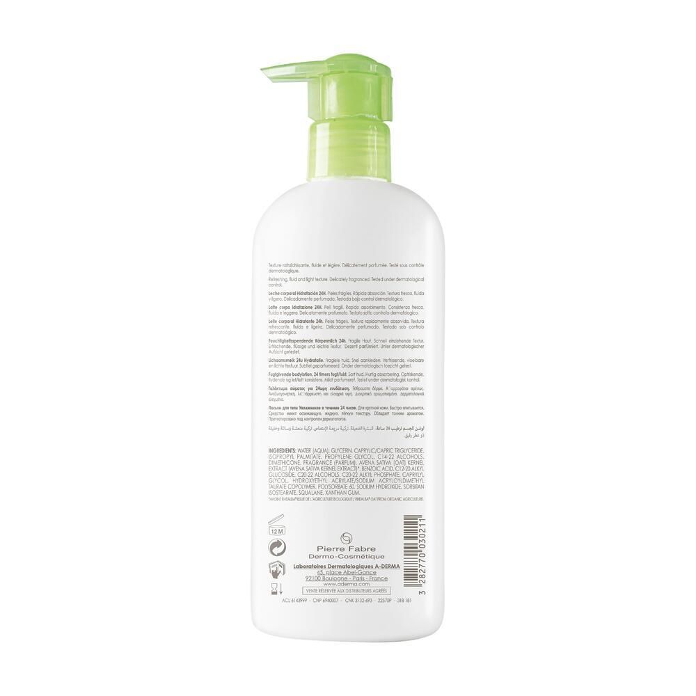 Dos du flacon blanc avec texte. Pompe verte. Informations sur le produit et ingrédients.