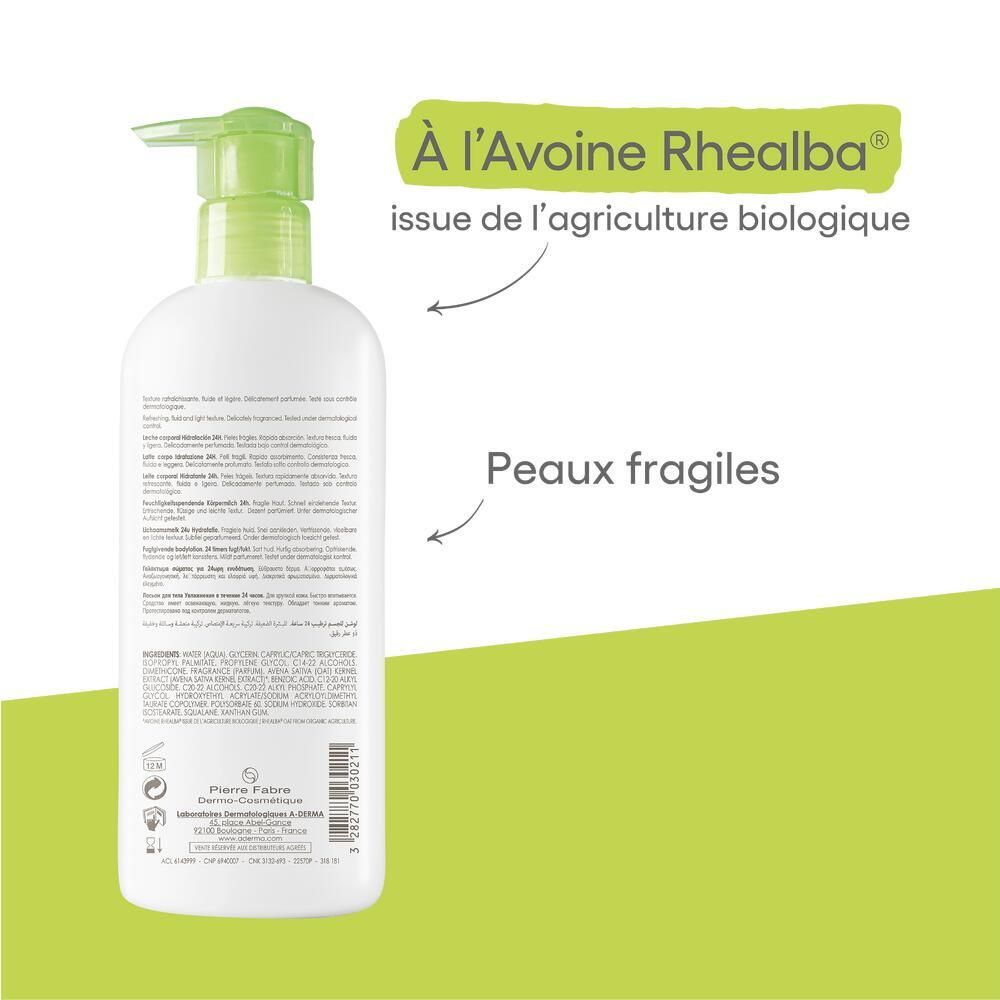 Dos du flacon avec texte et marquage vert. Texte : À l'Avoine Rhealba, Peaux fragiles.