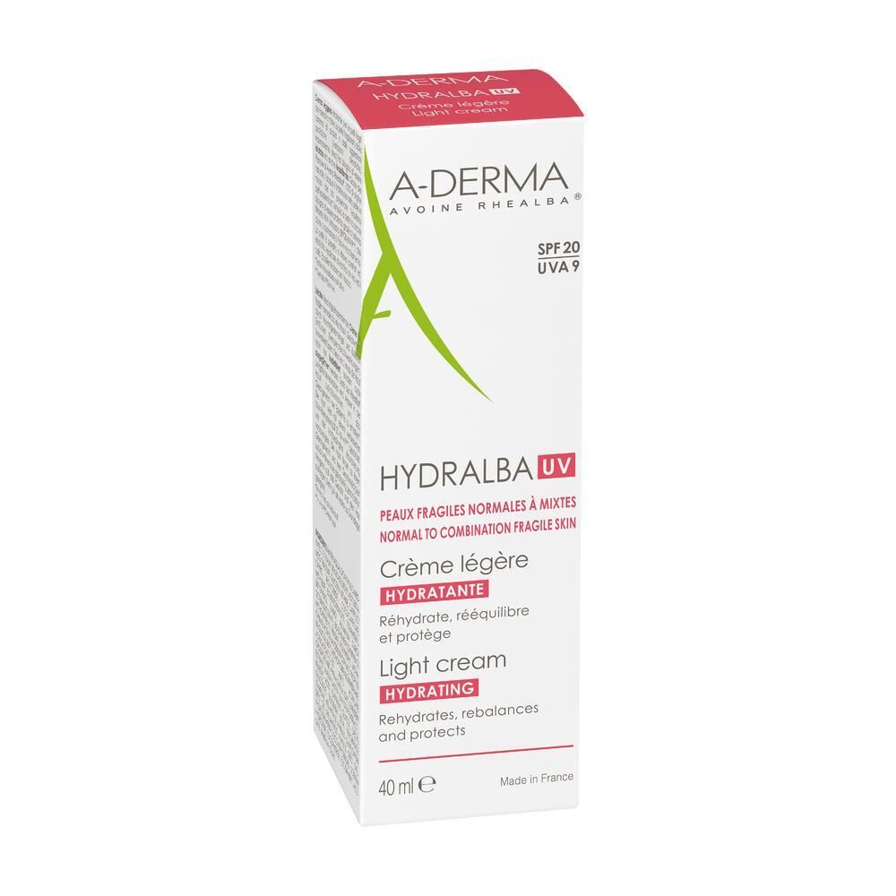 Boîte A-Derma Hydralba UV. SPF 20. Crème légère. Tube blanc, texte rouge.