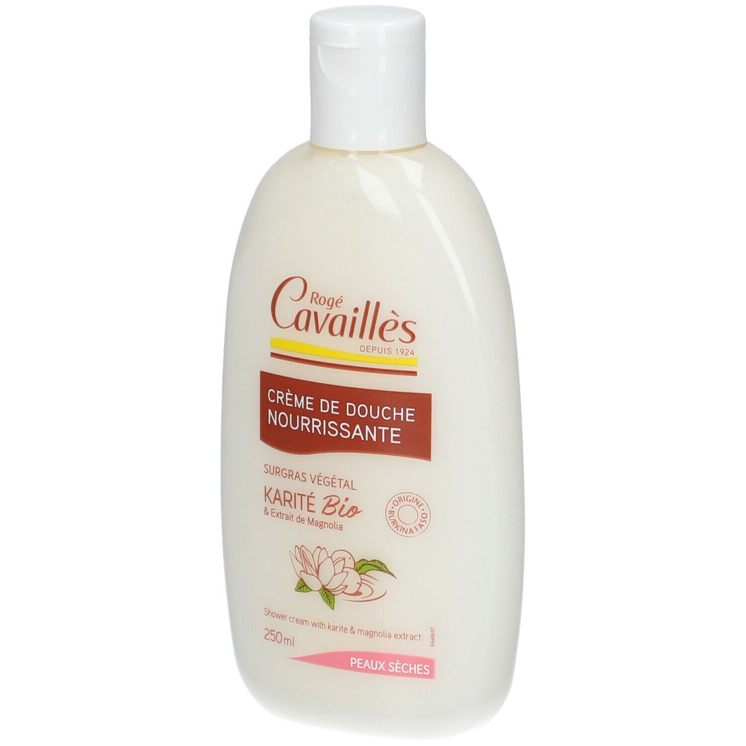 Weißliche Flasche mit weißem Deckel. Aufschrift: Rogé Cavaillès, Crème de Douche Nourrissante, Karité Bio. Für trockene Haut.