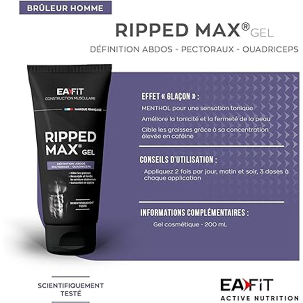 Tube Ripped Max Gel et texte sur fond violet. Logo EA Fit. Menthol, caféine, conseils d'utilisation, 200 ml.
