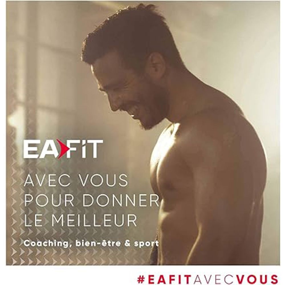 Homme, logo EA Fit. Texte: Avec vous pour donner le meilleur. Coaching, bien-être & sport.