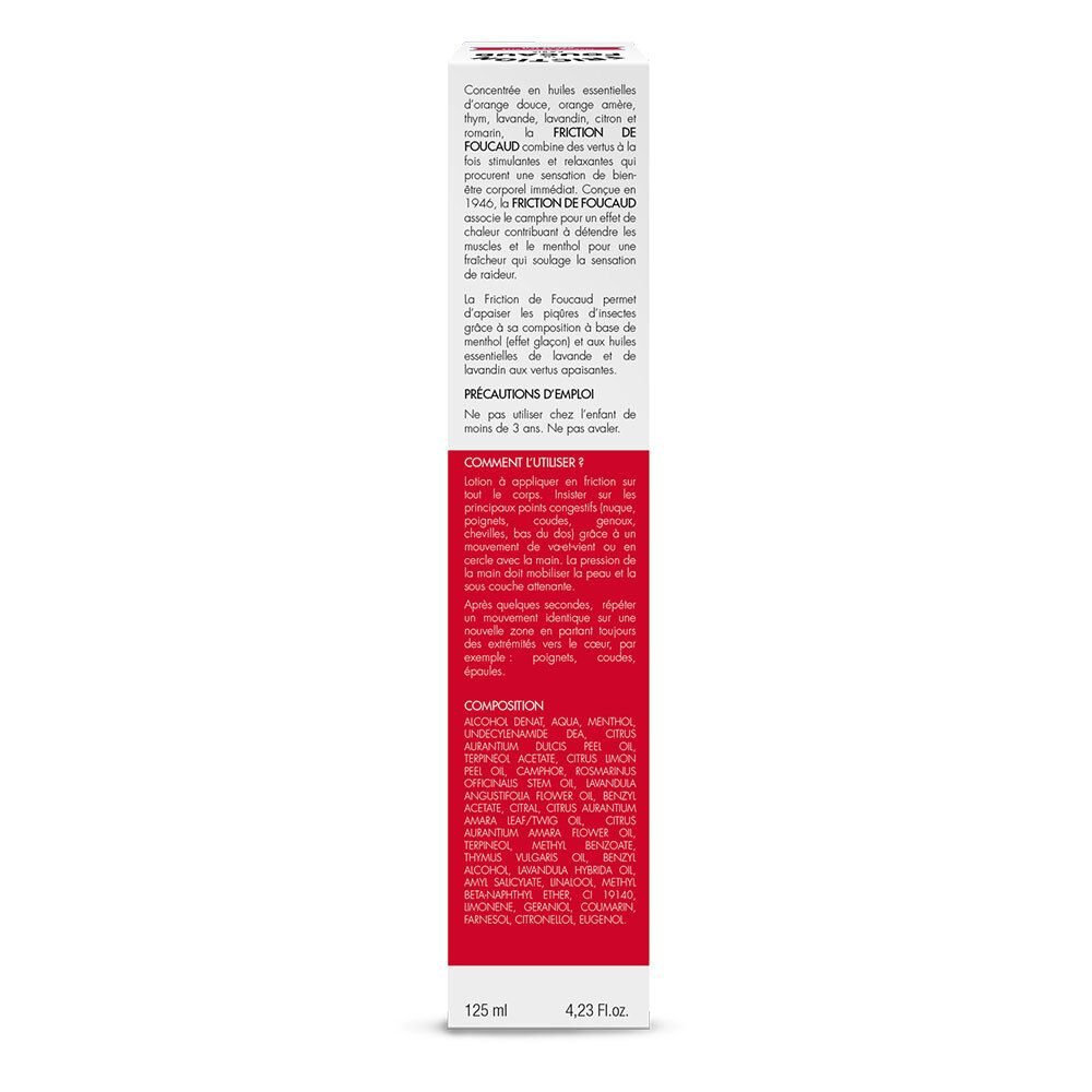 Rückseite der Schachtel mit Text. Inhaltsstoffe und Anwendungshinweise. 125 ml. Rote und weiße Verpackung.