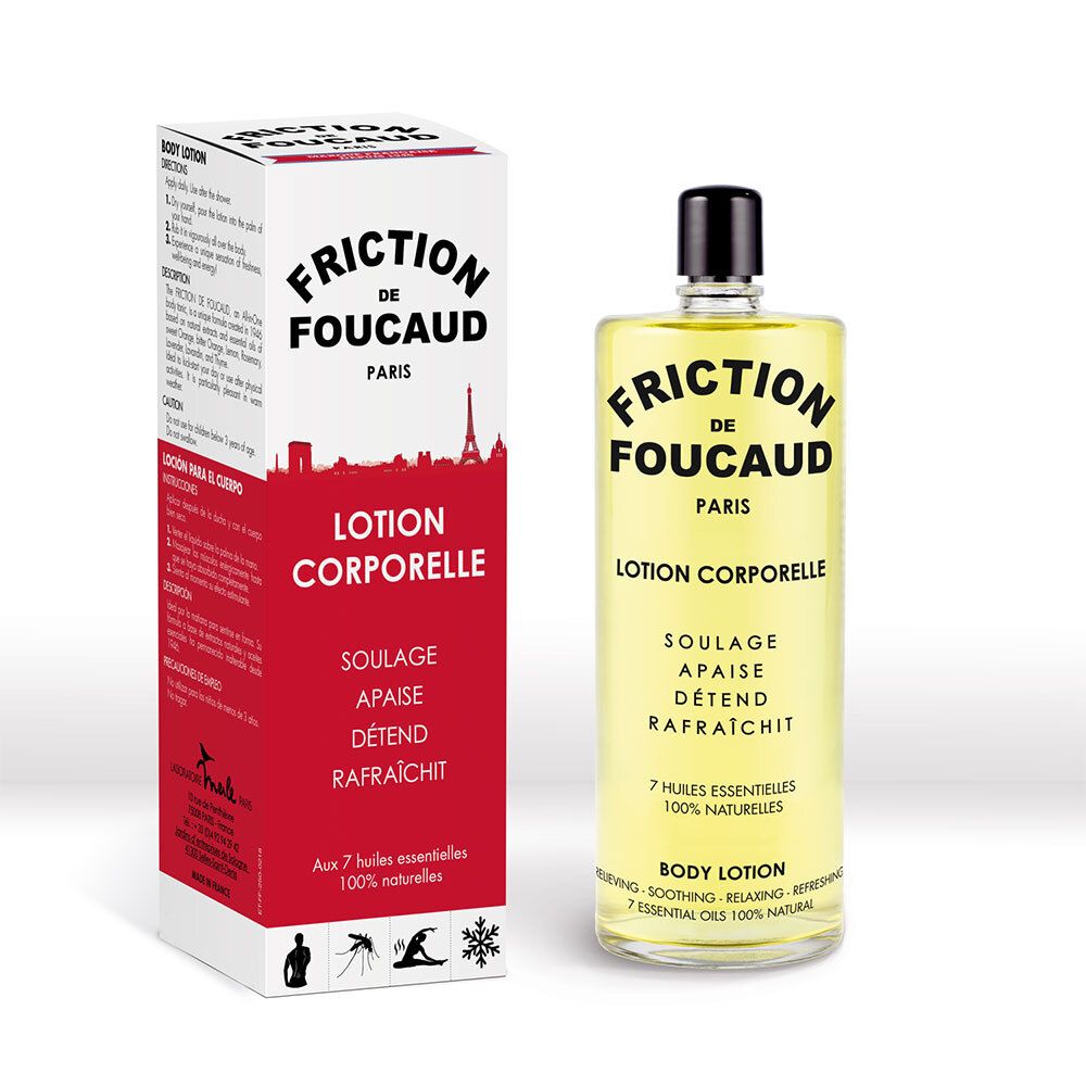Flacon et boîte de lotion corporelle "Friction de Foucaud". Emballage blanc et rouge, flacon avec bouchon noir.