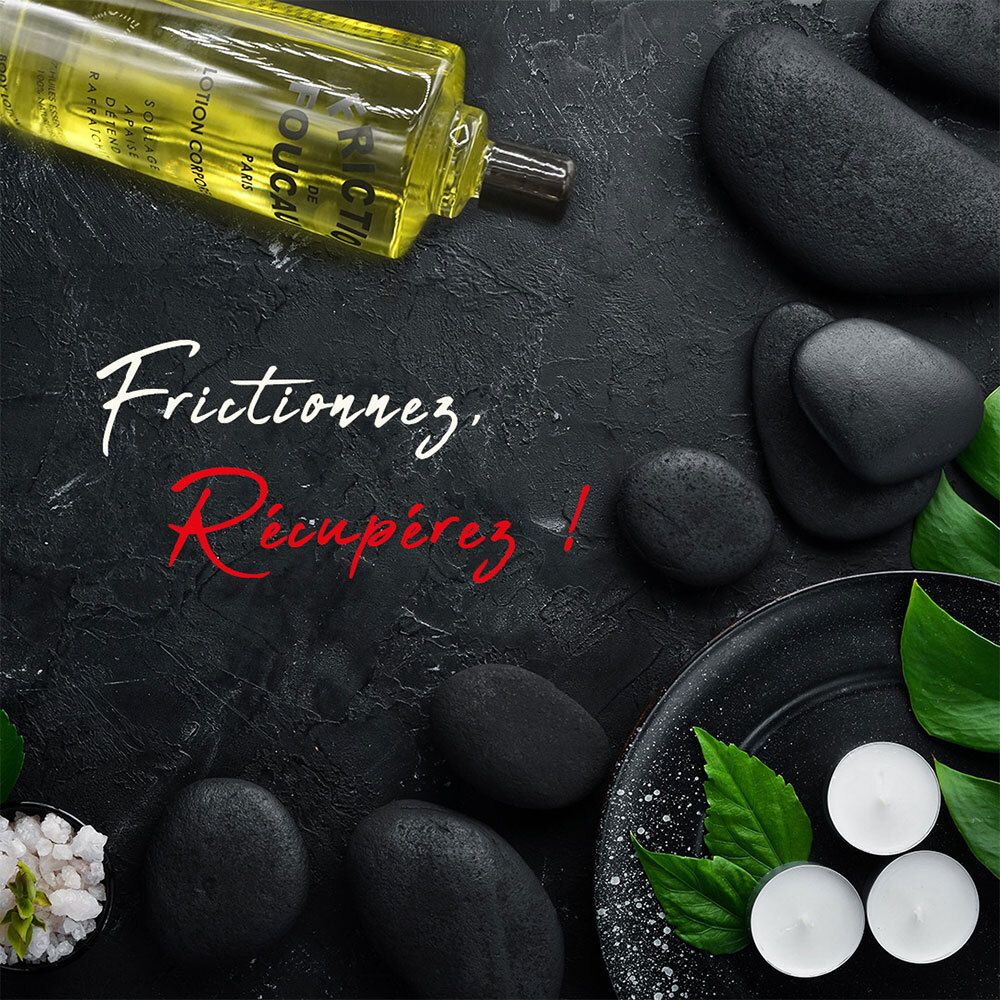 Fond sombre avec pierres noires, bougies et flacon "Friction de Foucaud".