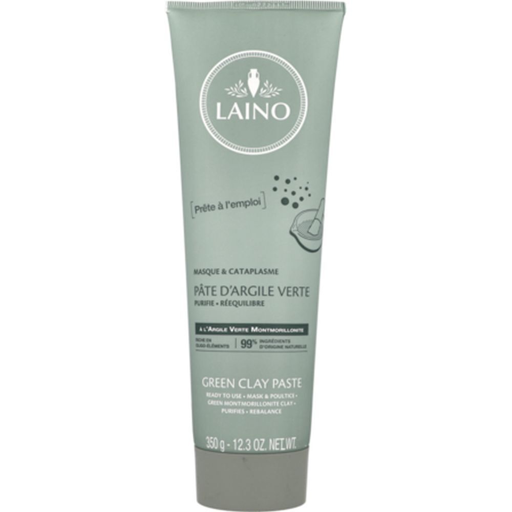 Grüne Tonerde Paste in Tube. Marke Laino. Text: Pâte d'Argile Verte, Green Clay Paste. 12.3 oz.