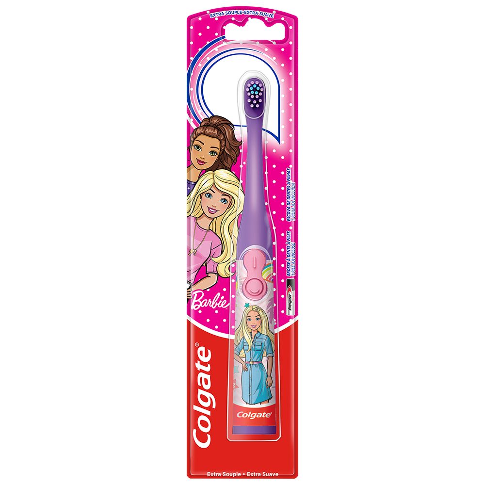 Colgate® Kids Barbie elektrische Zahnbürste. Lila, mit Barbie-Motiv. Verpackung mit Produkt und Markenlogo.