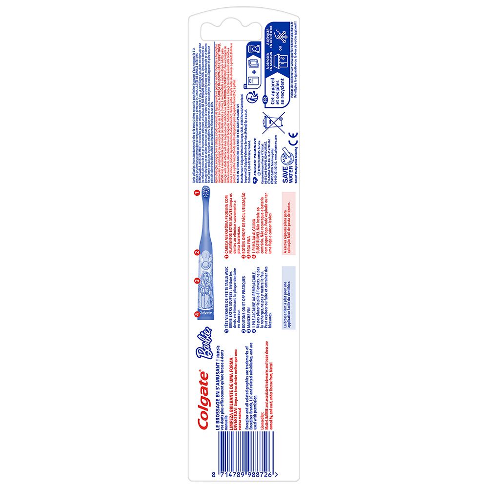 Rückseite der Colgate® Kids Barbie Zahnbürstenverpackung. Informationen, Symbole, Gebrauchsanweisungen und Barcode.